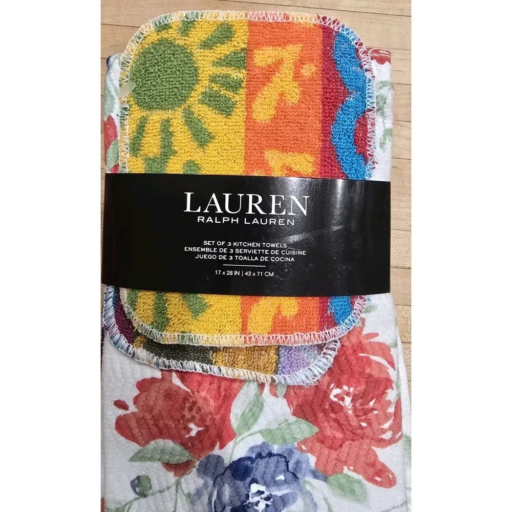 5 Piece Set 3 Ralph Lauren Kitchen Towels 1 Blue‎ Solid 2 Floral 2 Dish Scrubber